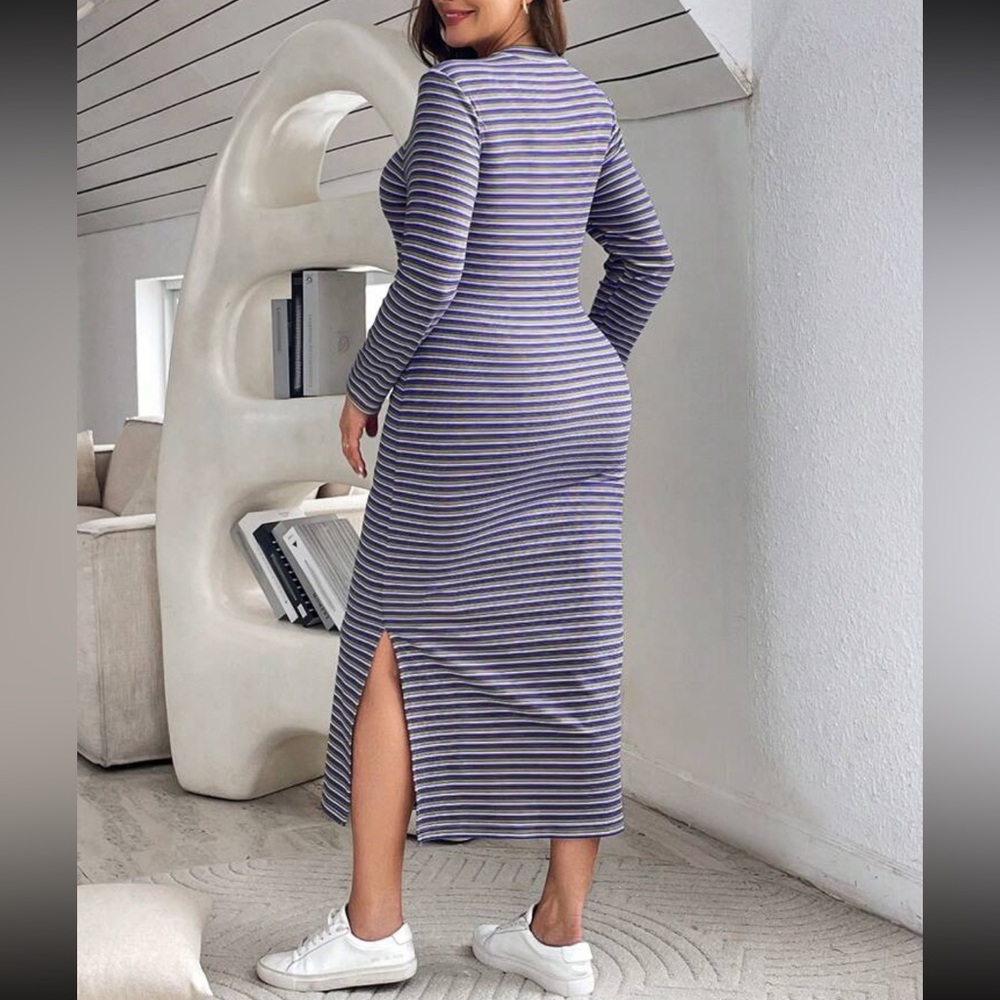 Blue and White Striped Midi Skirt